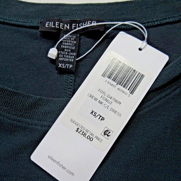 NWT Eileen Fisher Crew Shift in Forest Night Lightweight Washable Crepe Dress XS - Picture 3 of 5